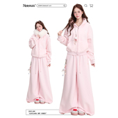 女慵懒阔腿裤 NERESUM甜美粉色毛领开衫 连帽卫衣套装 休闲两件套