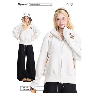 NERESUM小恶魔豹纹刺绣开衫 连帽外套 卫衣女潮牌设计感宽松美式