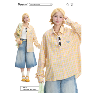 女美式 NERESUM夏季 格子衬衫 长袖 宽松慵懒百搭休闲衬衣 防晒薄款