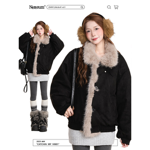 NERESUM复古座山雕解构毛绒棉服女冬季美式麂皮绒保暖棉衣外套