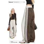 复古嘻哈宽松潮牌条纹运动直筒休闲裤 NERESUM豹纹拼接卫裤 女美式