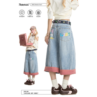 女格纹拼接卷边做旧设计感休闲短裤 NERESUM美式 复古牛仔七分裤