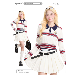 针织衫 学院风POLO领百搭短款 复古撞色套头毛衣女秋季 NERESUM美式