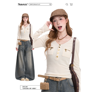 设计感辣妹短款 T恤女春季 显瘦上衣 拉链口袋V领长袖 NERESUM美式