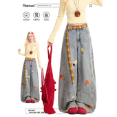 直筒宽松拖地裤 美式 子 女卡通毛巾绣水洗阔腿裤 NERESUM复古牛仔裤