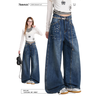 宽松弯刀裤 子美式 女潮牌解构水洗阔腿裤 NERESUM烫钻设计感牛仔裤