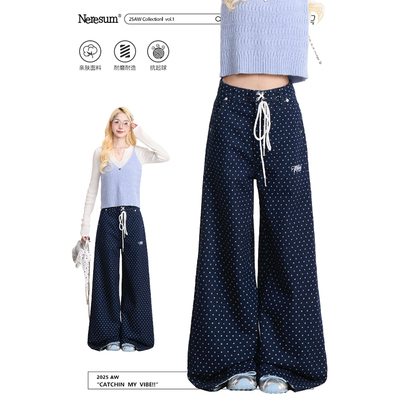 NERESUM满印波点绑带阔腿牛仔裤