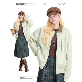 NERESUM美式 撞色麂皮绒翻领夹克女复古潮牌秋冬宽松休闲百搭夹克