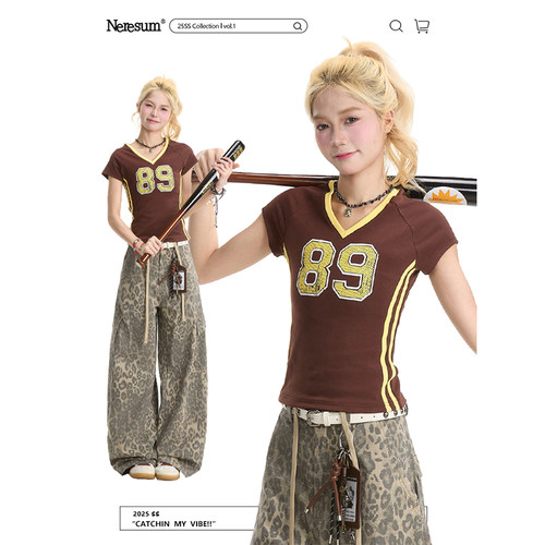 NERESUM美式复古v领短款短袖