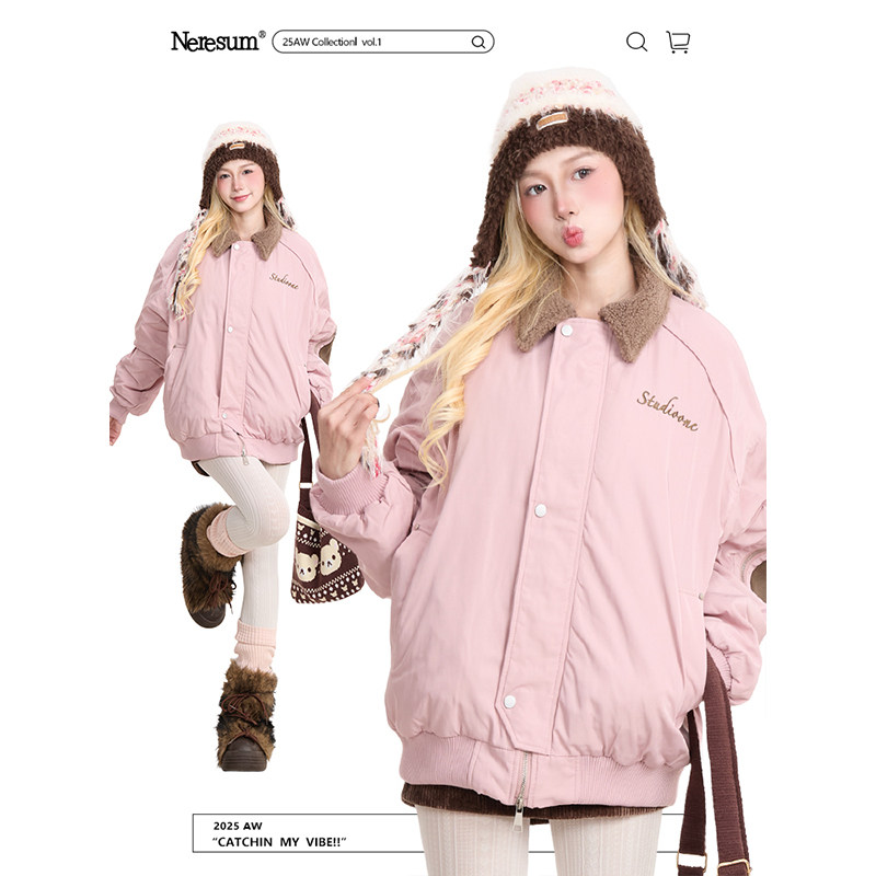 NERESUM美式复古字母刺绣毛领棉服外套女冬季宽松加厚翻领棉衣