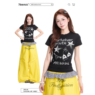 辣妹风印花短袖 显瘦短款 T恤女夏季 正肩修身 上衣 新款 NERESUM美式