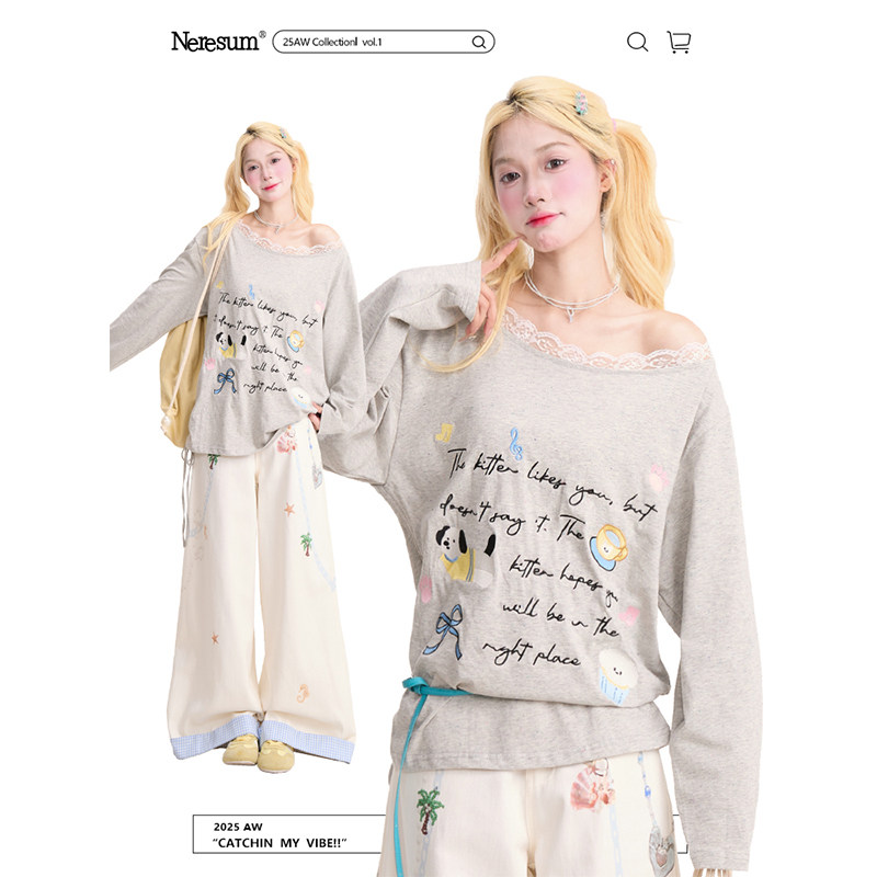 NERESUM可爱卡通字母印花长袖T恤女甜美蕾丝花边减龄斜领宽松上衣,女装/女士精品,T恤,淘宝优惠券,粉丝福利购,淘宝优惠卷