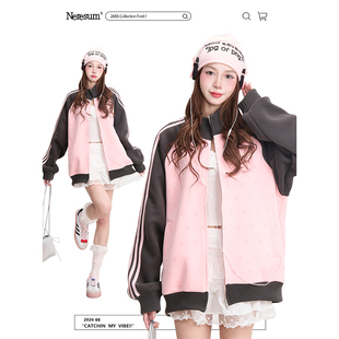 NERESUM复古条纹星星撞色开衫 立领外套 卫衣女学院风轻亚宽松美式