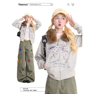 外套 百搭开衫 NERESUM美式 字母印花毛领卫衣女秋冬慵懒宽松短款