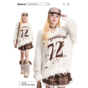 NERESUM美式 复古字母提花v领毛衣女软糯秋冬慵懒宽松保暖针织衫