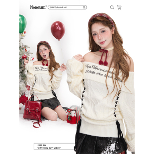 NERESUM美式 字母绑带一字肩毛衣女秋冬甜美氛围感露肩打底针织衫