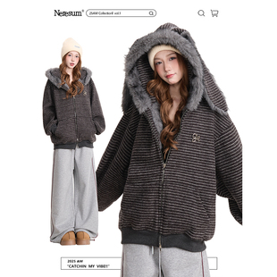 NERESUM韩系条纹加绒开衫卫衣女秋冬座山雕宽松连帽棉服厚外套