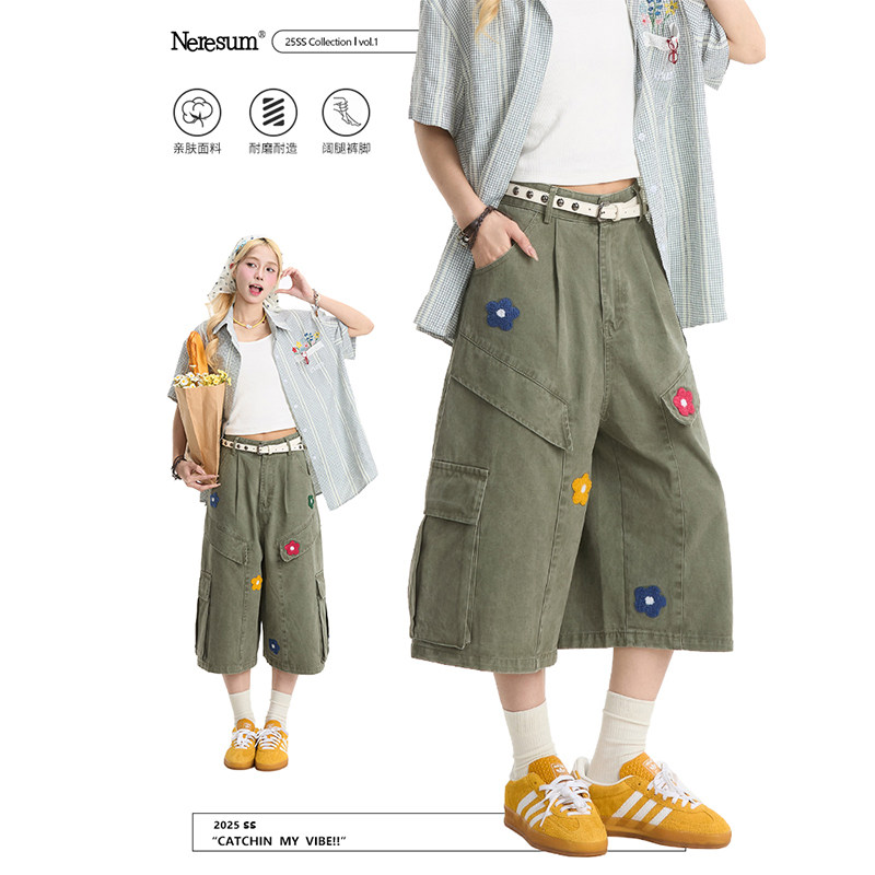 NERESUM花朵毛巾绣工装七分裤女美式复古夏季多口袋街头休闲短裤