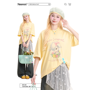 NERESUM可爱小羊字母印花短袖 T恤上衣 女2025新款 潮牌宽松慵懒半袖