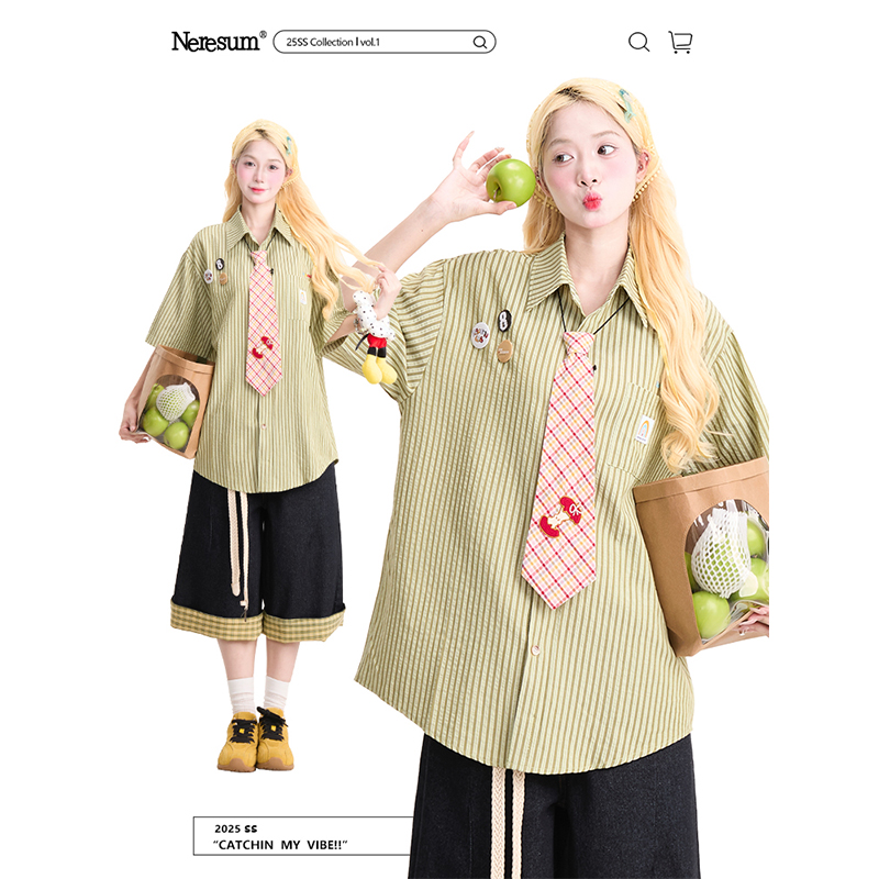 NERESUM复古条纹宽松短袖衬衫