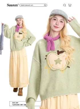 NERESUM苹果提花圆领毛衣女秋冬新款慵懒风减龄保暖套头针织衫