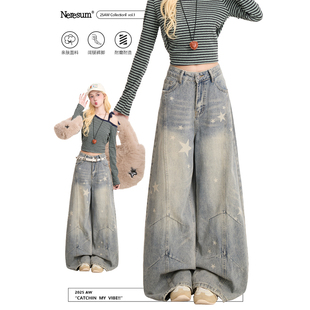 小众百搭裤 美式 子 女解构设计感阔腿裤 NERESUM复古星星印花牛仔裤