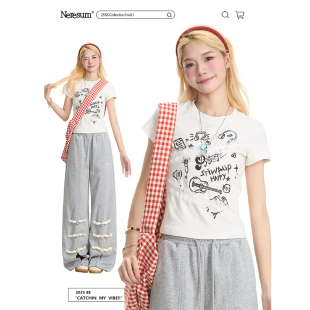 显瘦甜酷街头短款 修身 上衣 T恤女夏季 NERESUM趣味涂鸦蕾丝拼接短袖