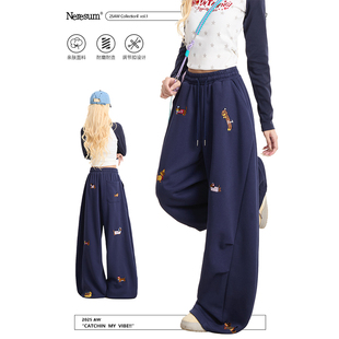 子垂感运动裤 女秋冬嘻哈爵士舞裤 趣味腊肠狗刺绣卫裤 NERESUM美式