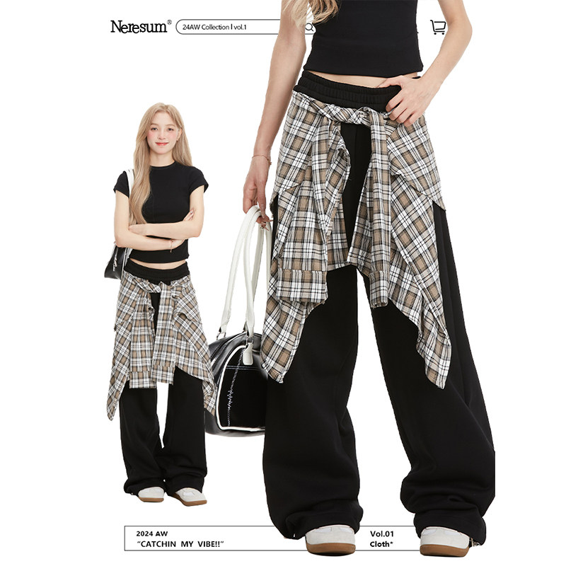 NERESUM格子裙摆拼接卫裤女美式嘻哈潮牌街舞宽松直筒百搭运动裤,女装/女士精品,卫裤,淘宝优惠券,粉丝福利购,淘宝优惠卷
