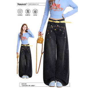 垂感百搭拖地裤 复古水洗阔腿直筒裤 女美式 NERESUM花卉刺绣牛仔裤