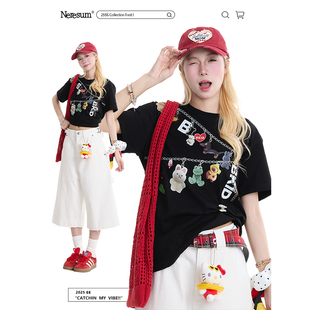 美式 新款 减龄宽松百搭上衣 T恤女夏季 NERESUM创意链条可爱玩偶短袖