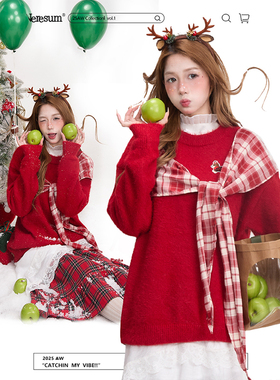 NERESUM格纹蝴蝶结拼接套头毛衣女冬季复古慵懒保暖红色针织上衣