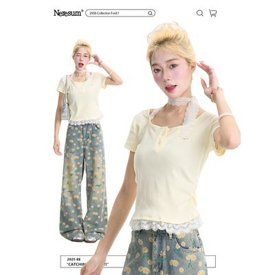 NERESUM韩系蕾丝花边短款短袖