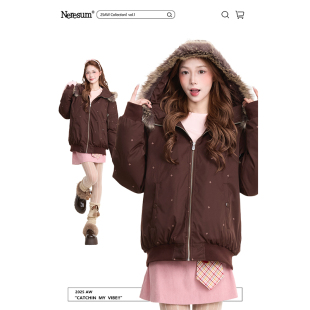 NERESUM冬季 复古宽松保暖拉链外套 加厚毛绒连帽棉服棉衣女美式