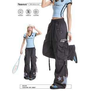 设计感宽松休闲裤 NERESUM美式 女格子星星贴布直筒裤 裤 子 复古工装