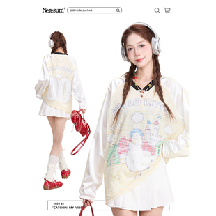 潮牌减龄宽松上衣 美式 NERESUM趣味Kitty猫运动风长袖 T恤女春季