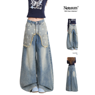 高街做旧水洗小众弯刀阔腿裤 NERESUM星星印花设计感牛仔裤 女美式