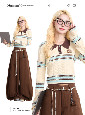 NERESUM学院风Polo领套头毛衣女复古撞色秋冬美式短款针织上衣