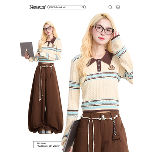 NERESUM学院风Polo领套头毛衣女复古撞色秋冬美式短款针织上衣