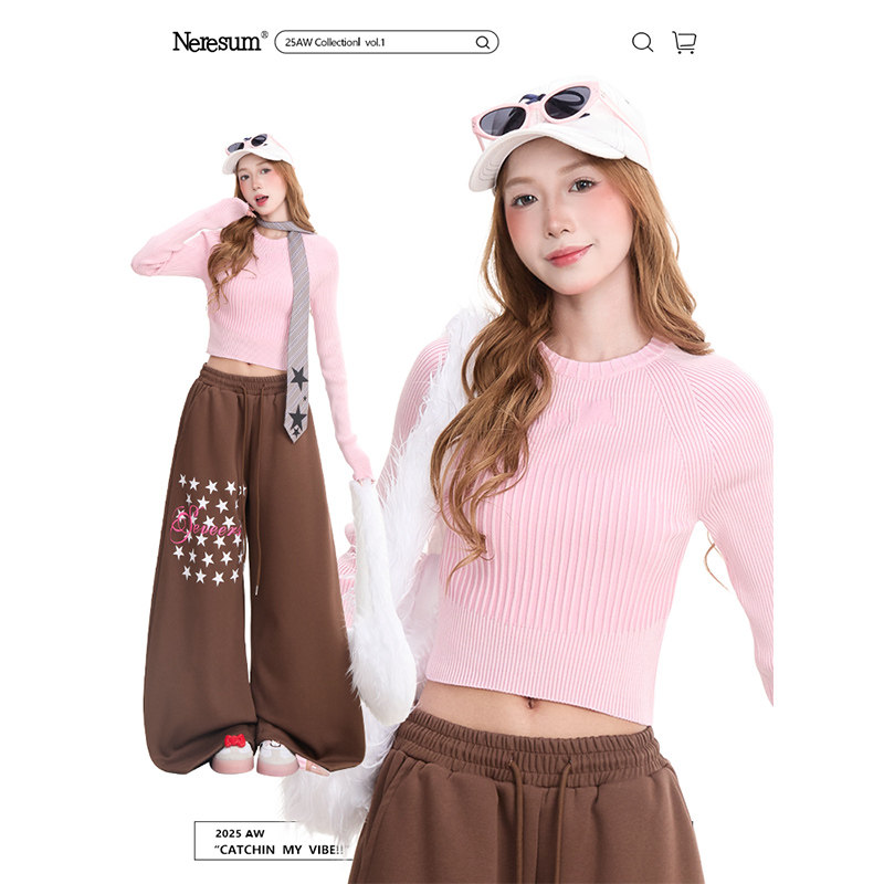 NERESUM粉色竖条纹短款针织衫女秋冬美式辣妹修身显瘦打底上衣