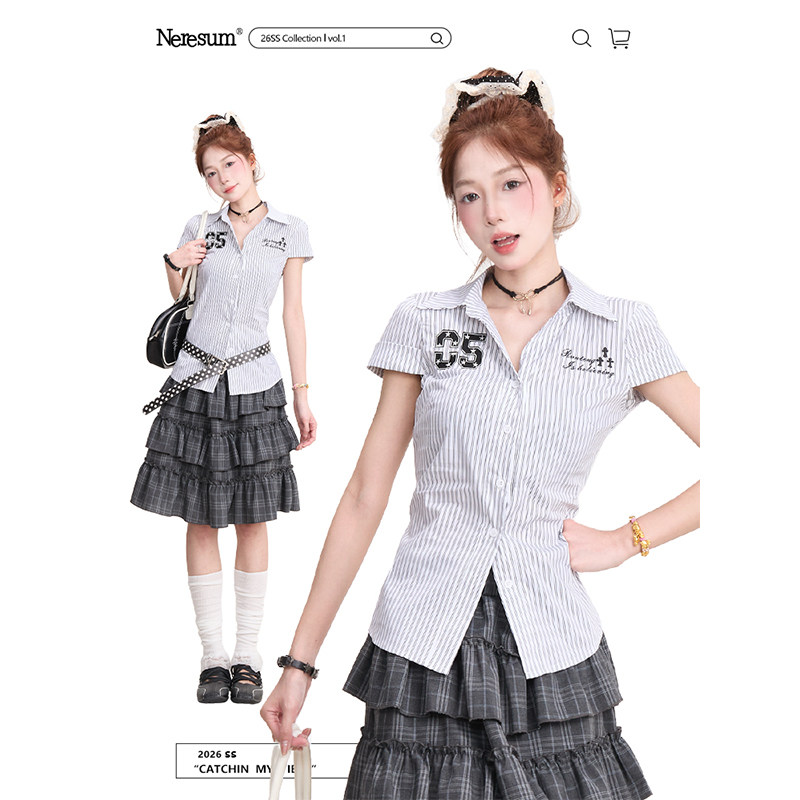 NERESUM美式竖条纹刺绣短袖衬衫女夏季轻亚风甜辣正肩修身衬衣