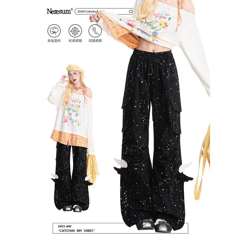 NERESUM天使翅膀伞兵工装裤女星星烫银设计感直筒裤休闲阔腿裤,女装/女士精品,休闲裤,淘宝优惠券,粉丝福利购,淘宝优惠卷