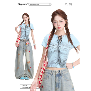 显瘦短款 学院风绑带修身 上衣 T恤女夏季 NERESUM趣味猫咪印花短袖