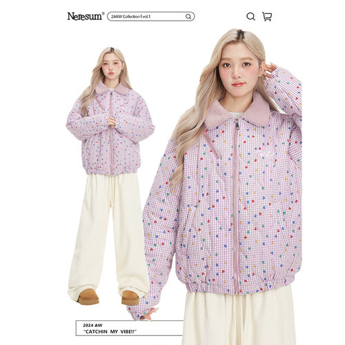 NERESUM满印爱心格子棉衣棉服