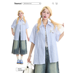 潮牌新款 NERESUM蓝色条纹夏季 女美式 衬衫 慵懒休闲小众衬衣 短袖