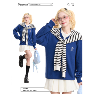 NERESUM美式 学院风慵懒宽松针织上衣 条纹披肩V领套头毛衣女秋季