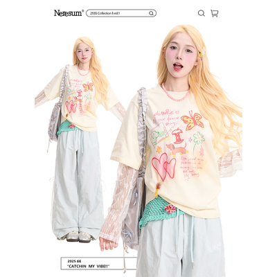 NERESUM趣味卡通蕾丝拼接长袖