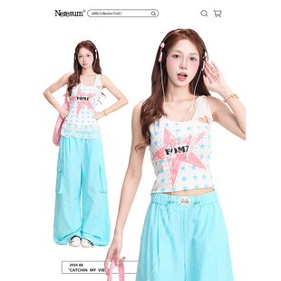 NERESUM星星印花蕾丝吊带背心女夏季 辣妹显瘦上衣 轻亚穿搭美式