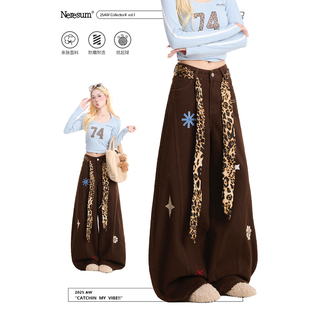 NERESUM美式豹纹腰带刺绣牛仔裤女高街宽松阔腿裤垂感显瘦弯刀裤