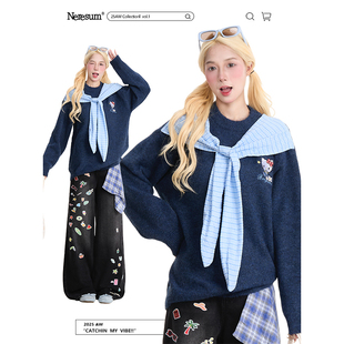 NERESUM趣味Kitty猫刺绣套头毛衣女美式 格纹披肩秋冬慵懒针织衫